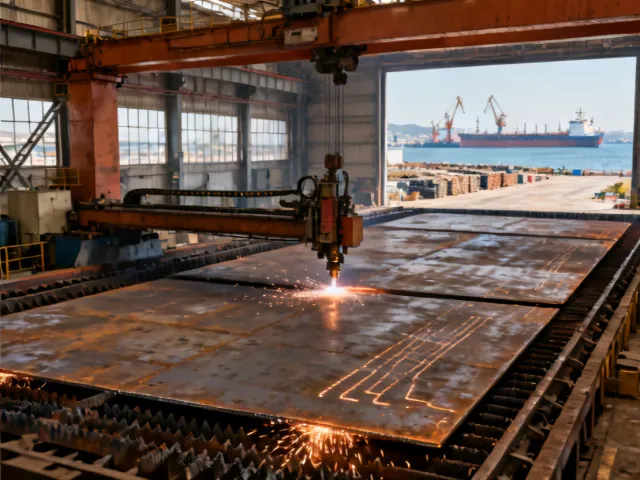 Ship hull plate cutting with Hypertherm gantry plasma system in shipyard