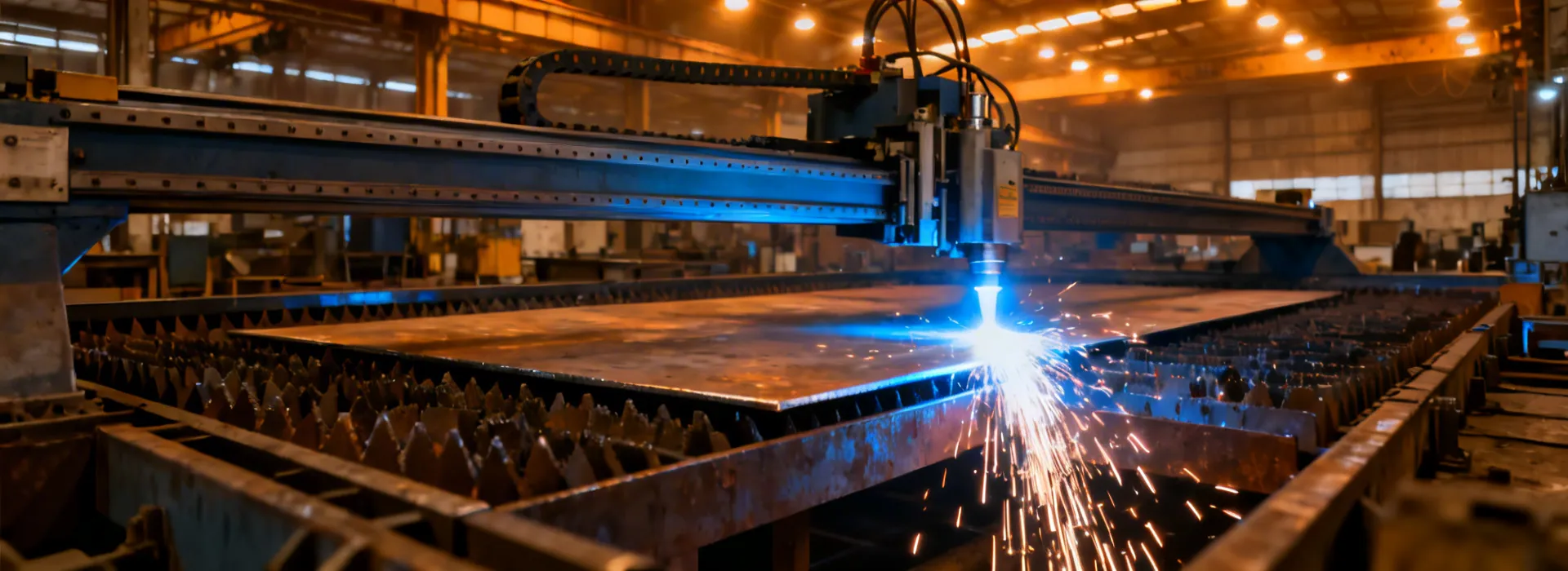 Hypertherm plasma cutting system processing heavy steel plate in fabrication shop